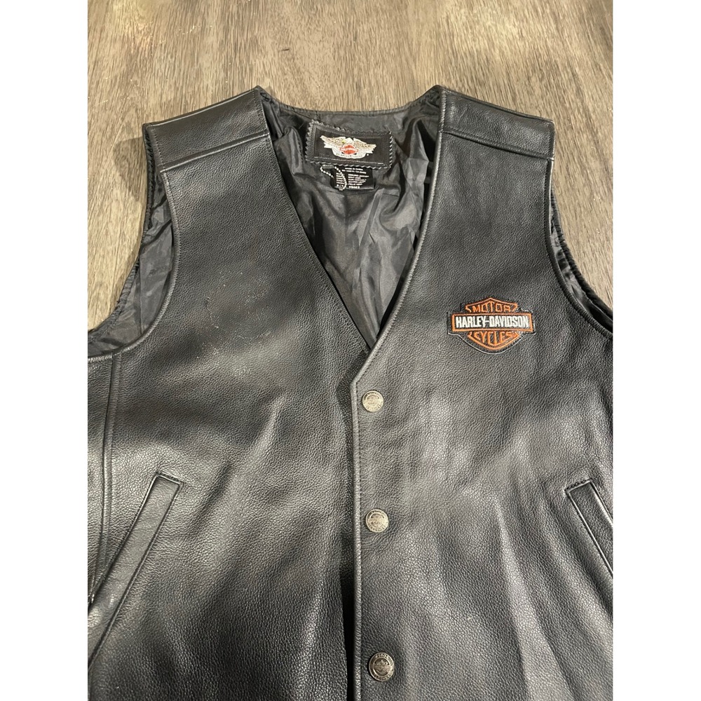 Harley Davidson Mens 2XL Black Leather Vest Eagle POW MIA Patch Biker V-Neck